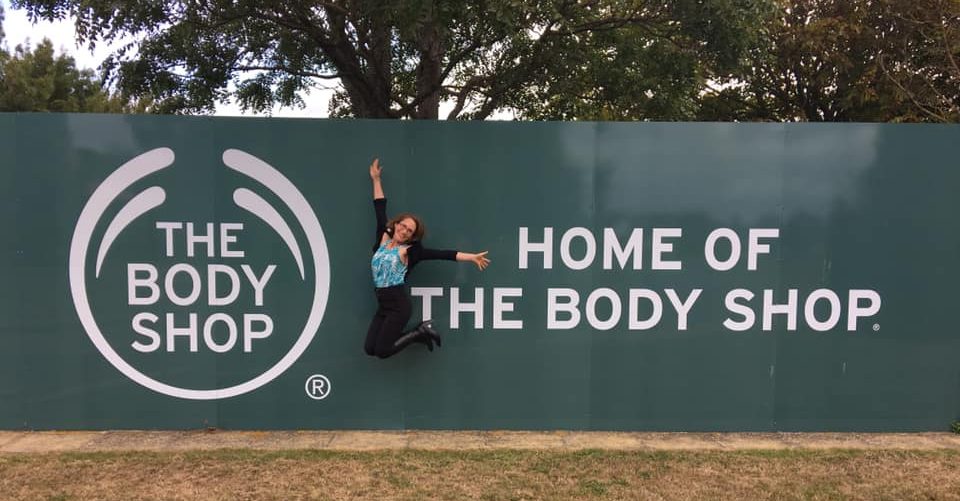 Christine Tylee visiting the home of The Body Shop